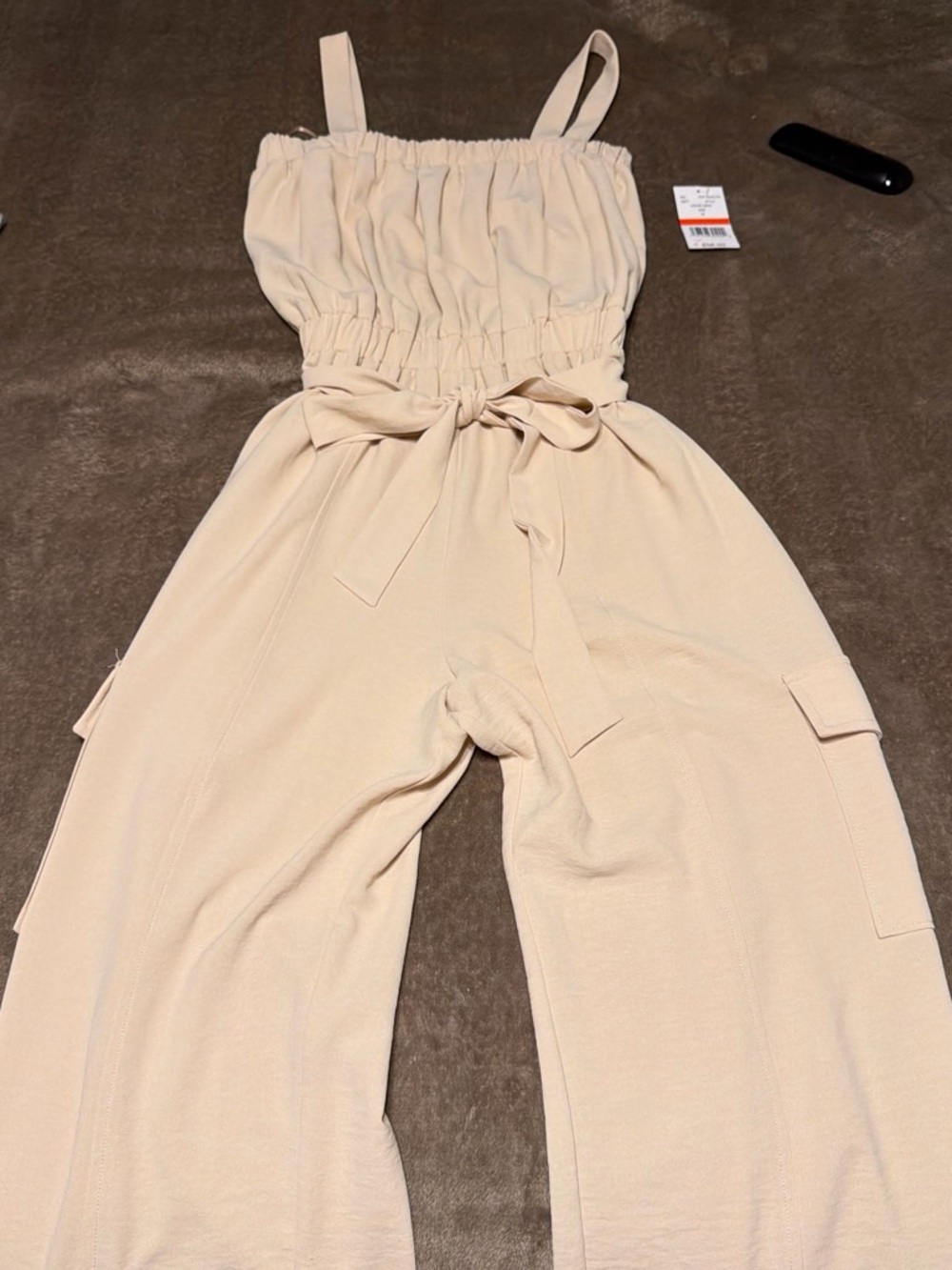 Neutral Tie-Waist Cargo Jumpsuit in Beige